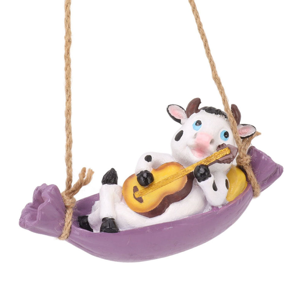 Cow Playing Guitar Garden Statue Vivid Cute Hanging Resin Cattle Sculpture Art Decoration for Lawn Patio Courtyard Dairy Cow