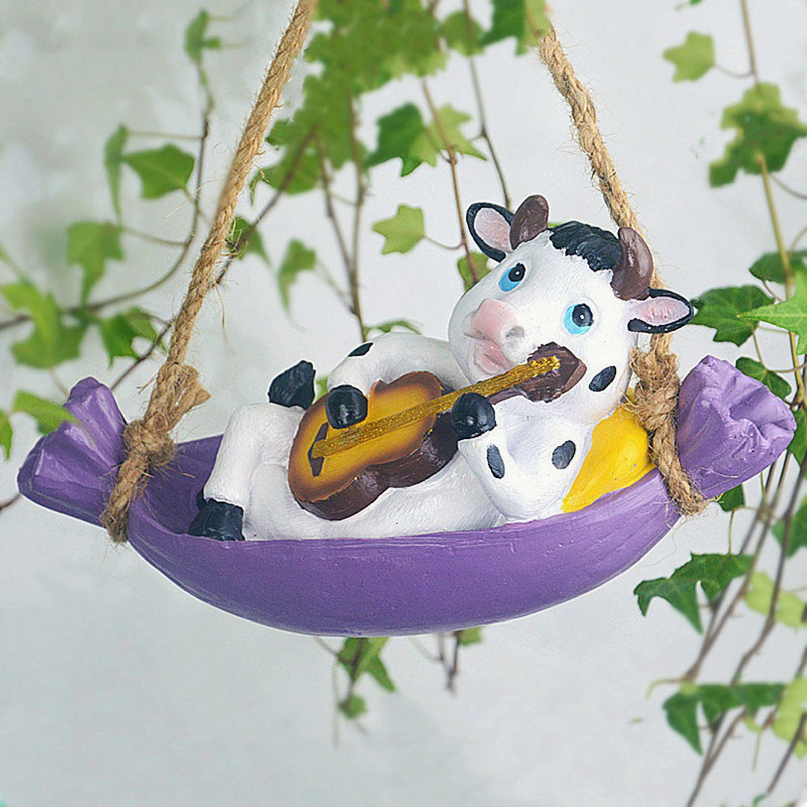 Cow Playing Guitar Garden Statue Vivid Cute Hanging Resin Cattle Sculpture Art Decoration for Lawn Patio Courtyard Dairy Cow