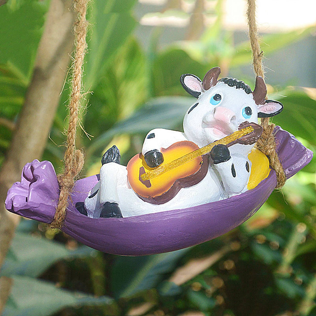 Cow Playing Guitar Garden Statue Vivid Cute Hanging Resin Cattle Sculpture Art Decoration for Lawn Patio Courtyard Dairy Cow