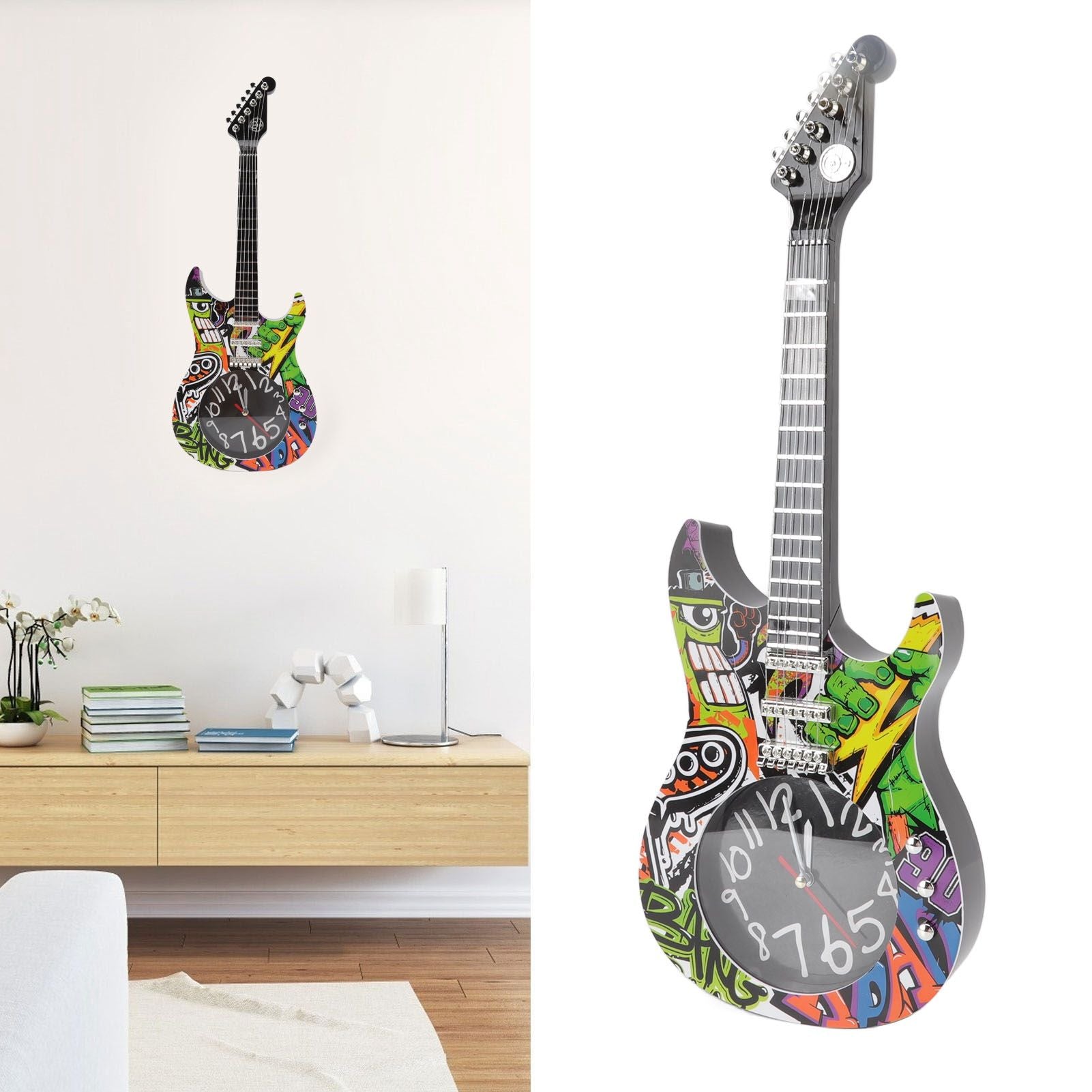 Guitar Wall Clock Simulation Time Accurate Guitar Clock Wall Decor for Home Dormitory Bedroom 5680CC Guitar with Stand