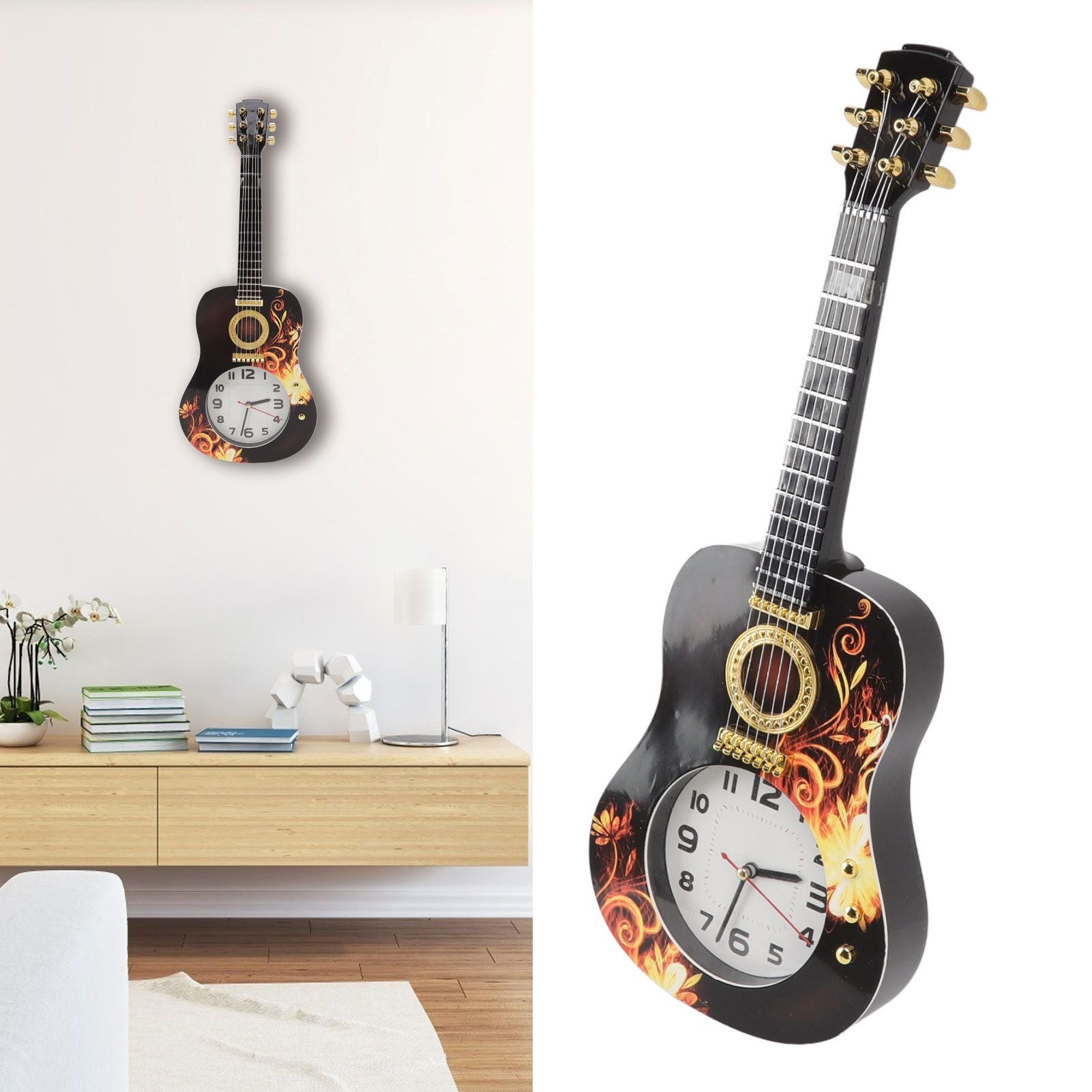 Wall Clock Silent Simulation Ukulele Shaped Decorative Alarm Clock for Bedroom Student Dormitory Office Ukulele 5681CC (46x17x4.5cm / 18.1x6.7x1.8in)