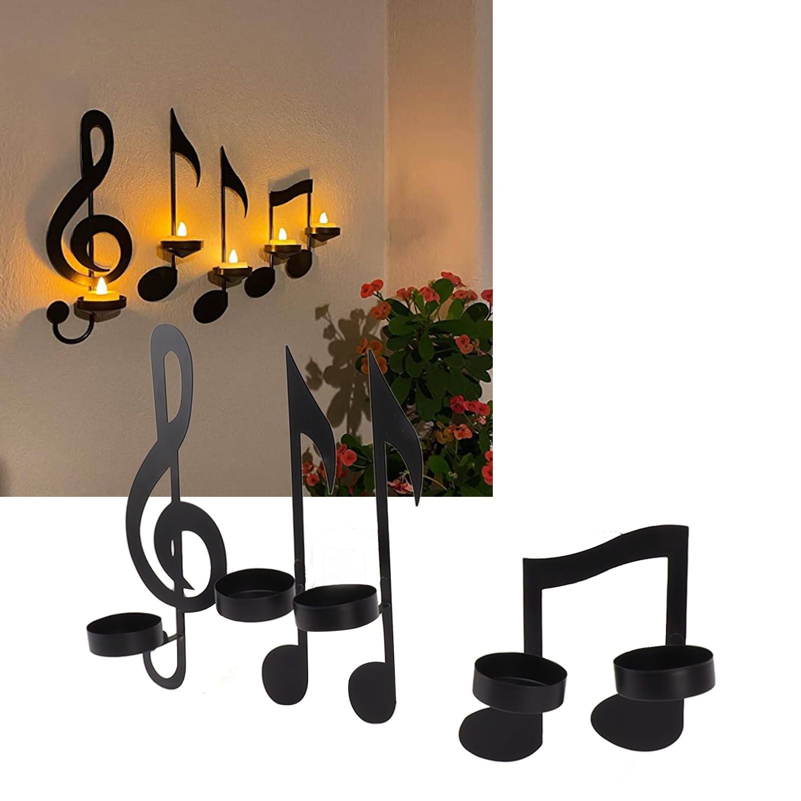 4Pcs Unique Iron Black Music Note Wall Sconce Candle Holder Wall Mount Hanging Tea Light Candle Decor