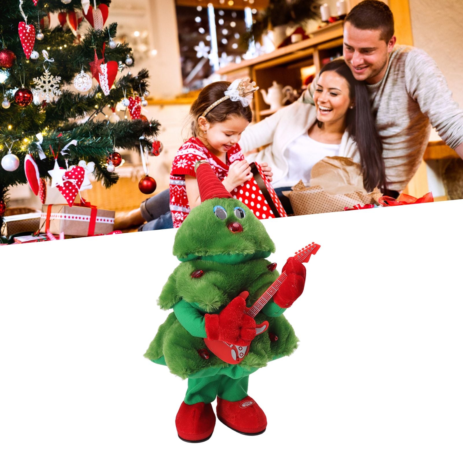 Electric Christmas Tree Plush Toy 8 Songs Continuous Play Glowing Swinging Singing Dancing Cute Electric Plush Toy for Kids Guitar Christmas Tree