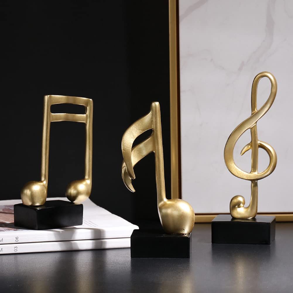 3Pcs Musical Sculptures Music Note Figurine Statue Decorative Ornaments Art Decor for Living Room Bedroom TV Cabinet Gift (Gold)