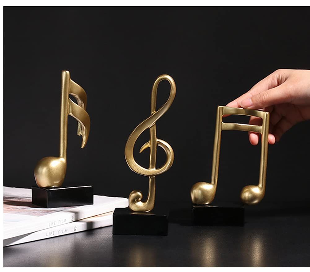 3Pcs Musical Sculptures Music Note Figurine Statue Decorative Ornaments Art Decor for Living Room Bedroom TV Cabinet Gift (Gold)