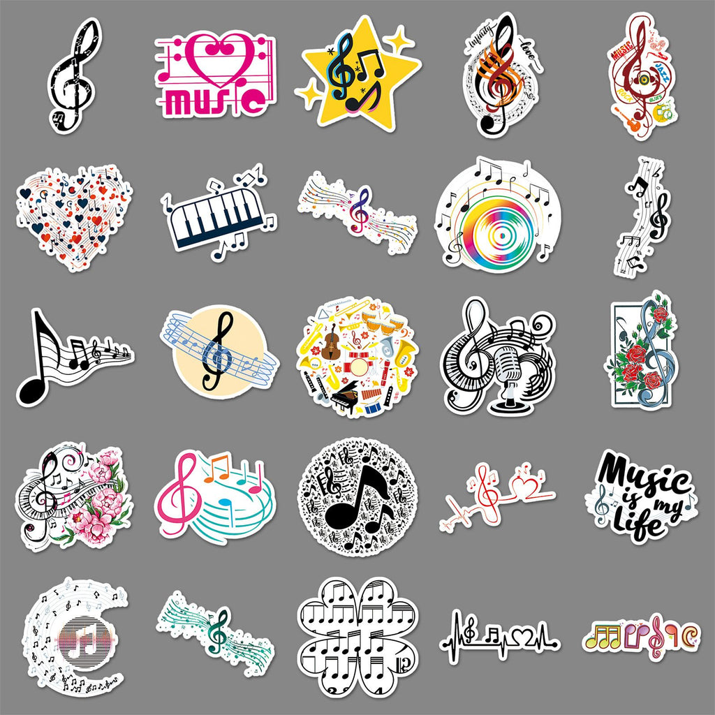 50Pcs Music Stickers for Water Bottles Vinyl Musical Note Stickers for Kids Waterproof Music Stickers for Laptop Guitar