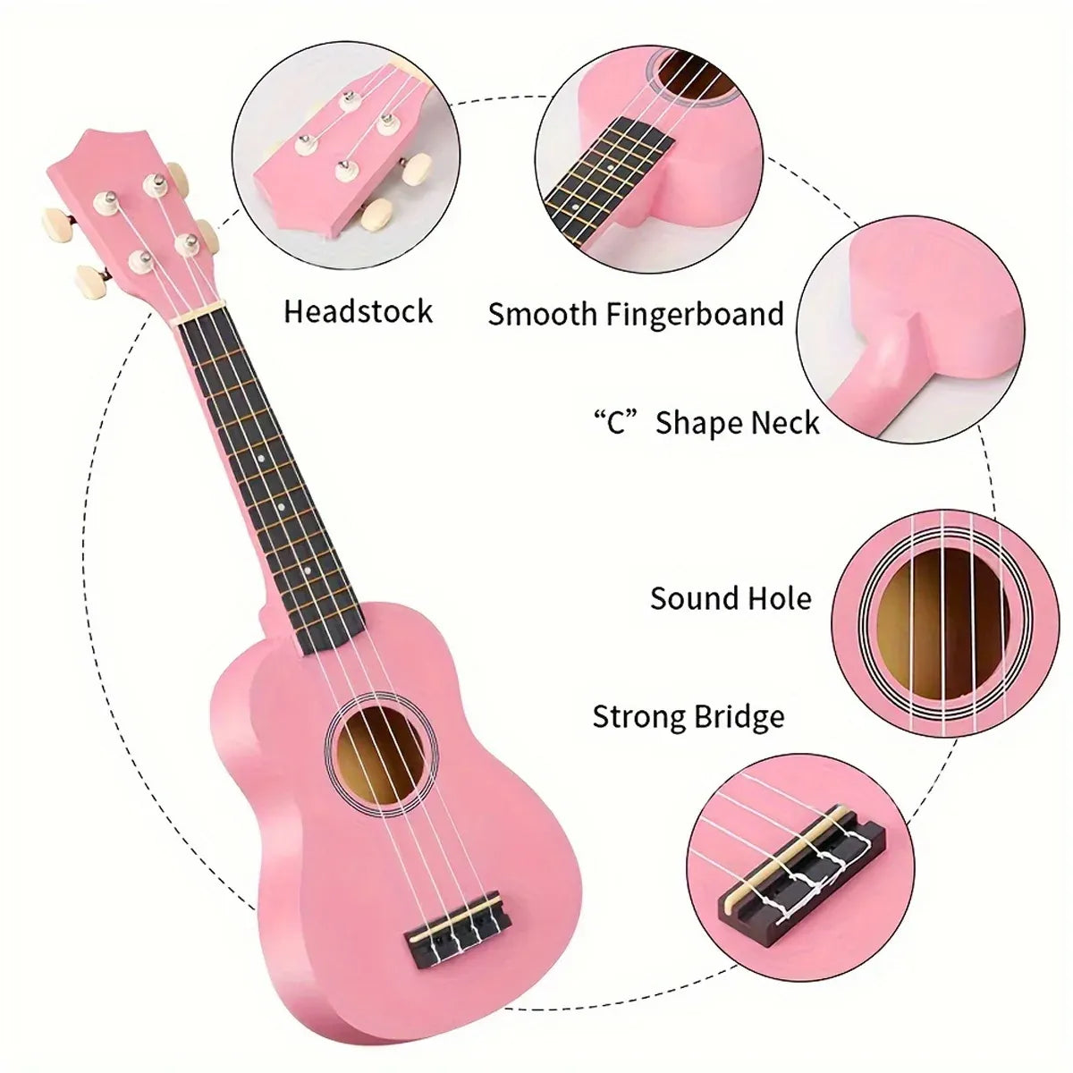 21 Inch Ukulele Beginner 4 String Small Guitar Easy To Learn Clear Sound Use - Black