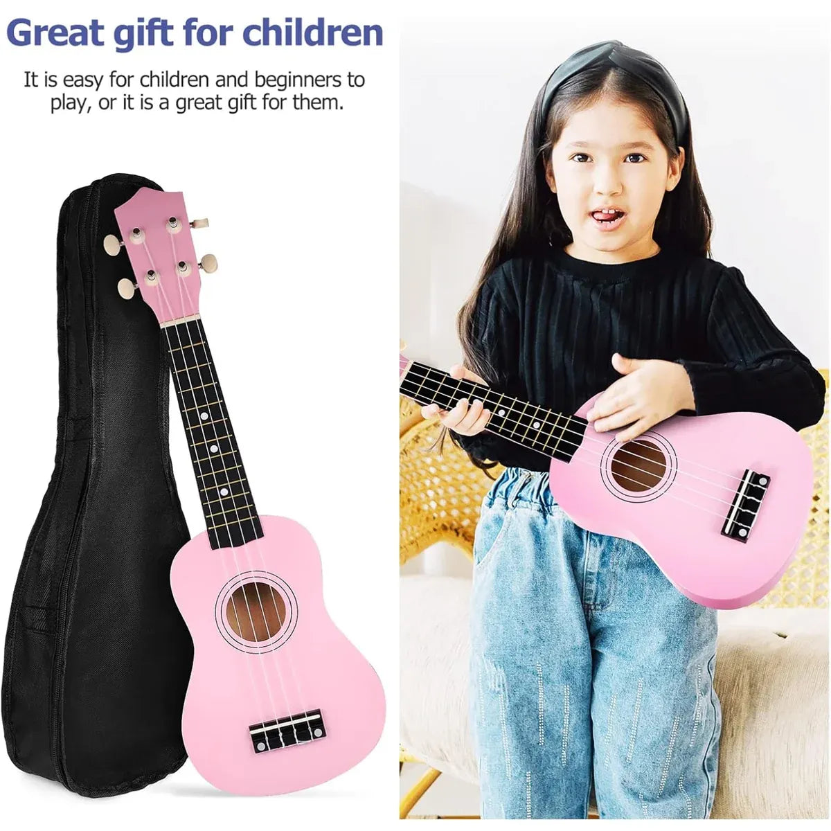 21 Inch Ukulele Beginner 4 String Small Guitar Easy To Learn Clear Sound Use - Pink