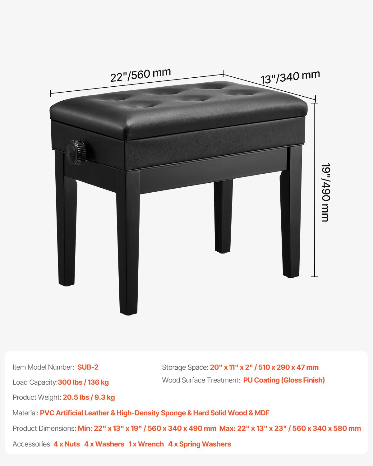 Piano Bench, Keyboard Piano Chair with 19.3"-22.8" Adjustable Height, Padded Cushion, Storage Compartment for Music Books, Heavy Duty Wooden Piano Stool Seat, for Vanity, Living Room, Bedroom